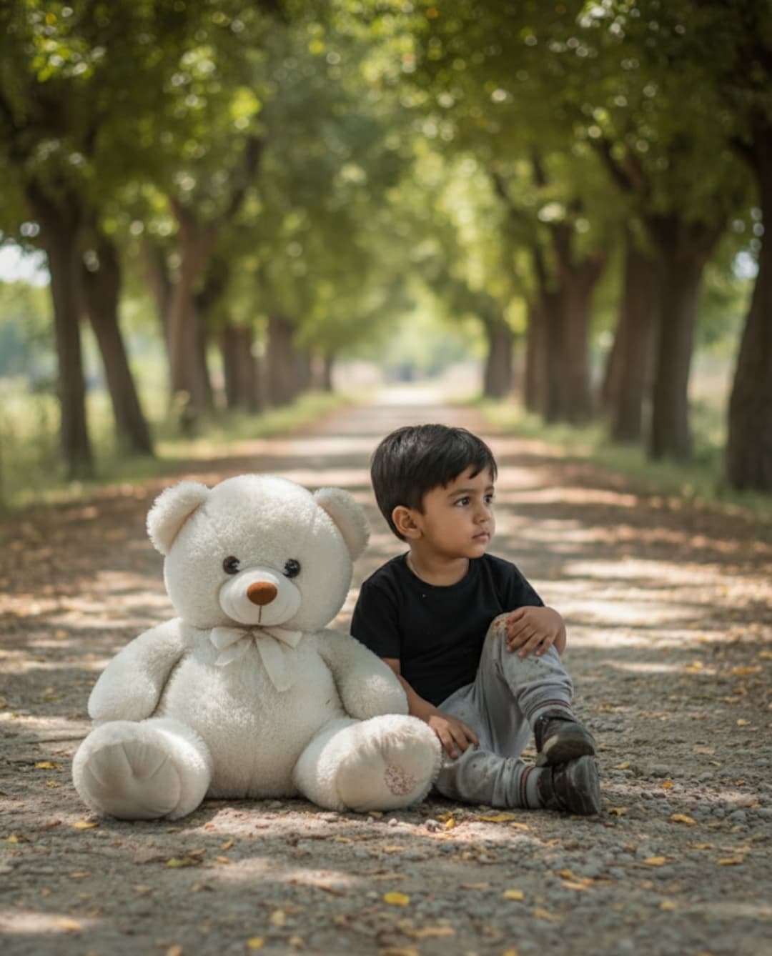 کودک با خرس عروسکی سفید در جنگل