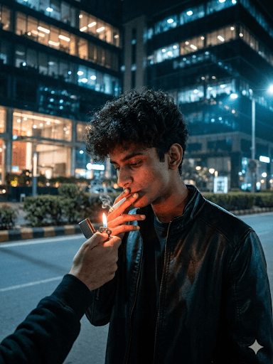 نیمرخ شبانه مرد در حال روشن کردن سیگار