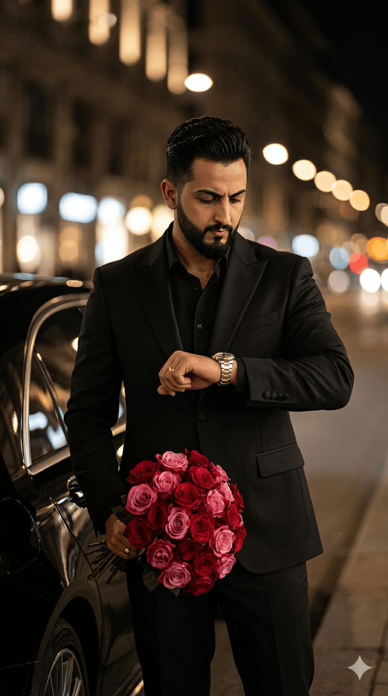 مرد شیکپوش کنار خودروی لوکس شبانه