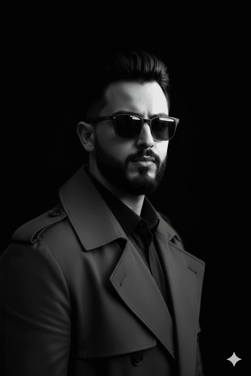 پرتره سیاهوسفید مرد با پالتوی زغالی