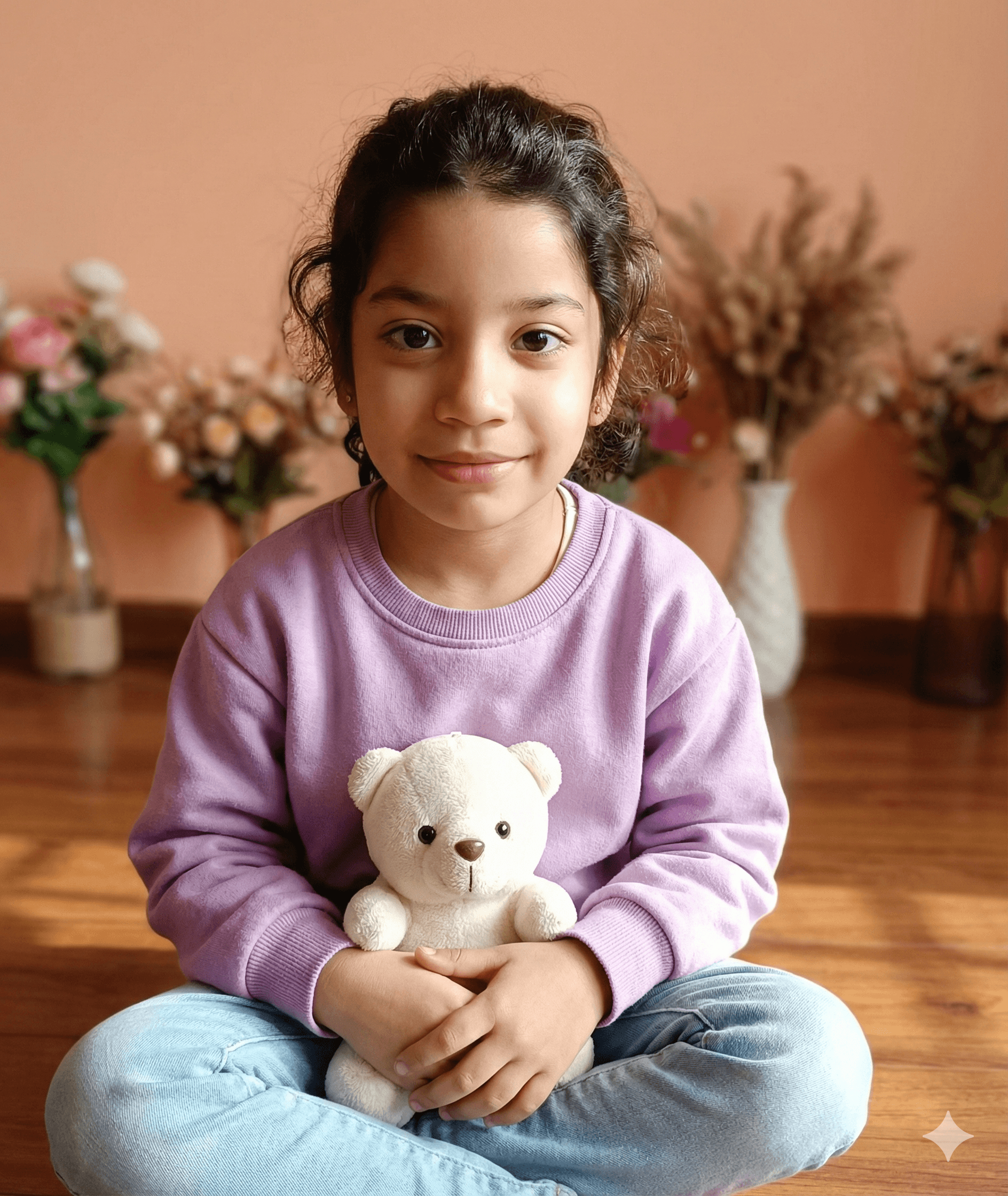 دختربچه نشسته با خرس عروسکی سفید