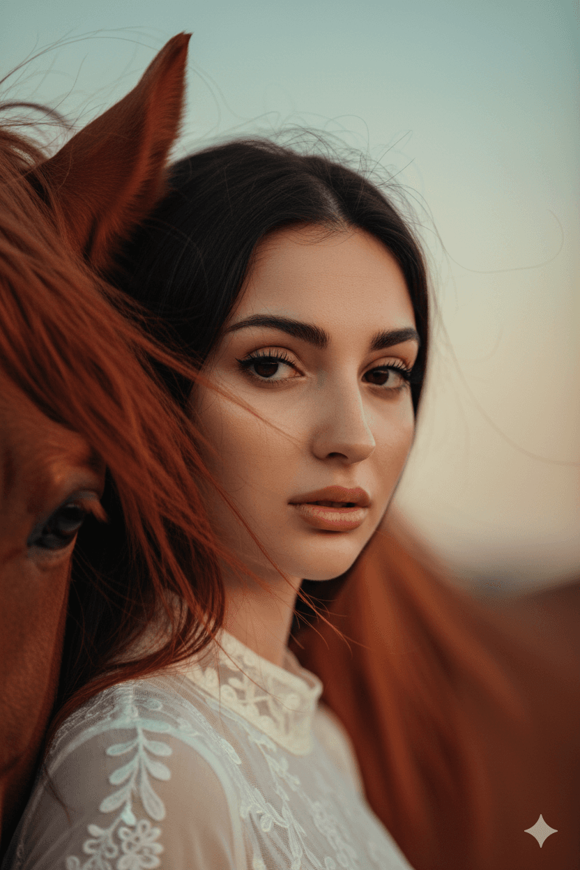 پرتره نزدیک زن جوان کنار اسب قرمز
