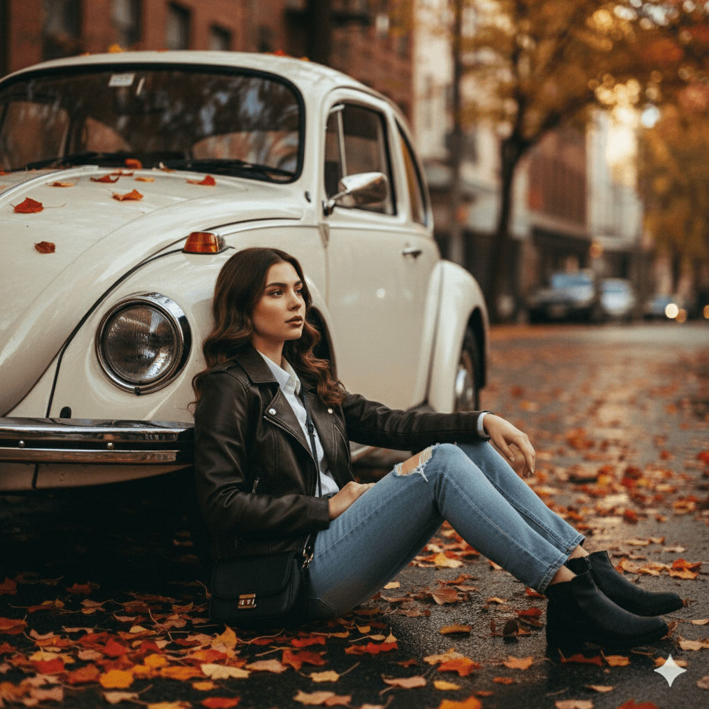 زن نشسته کنار فولکس واگن سفید کلاسیک