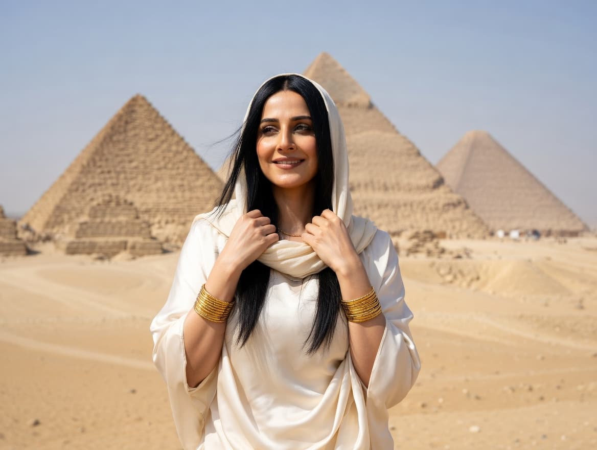 زن با لباس ابریشمی کنار اهرام جیزه