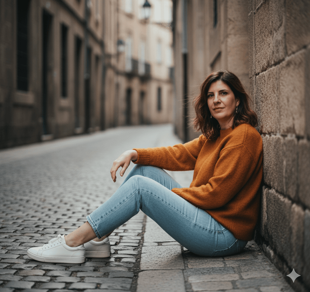 زن با استایل خیابانی نشسته در کوچهی سنگفرش