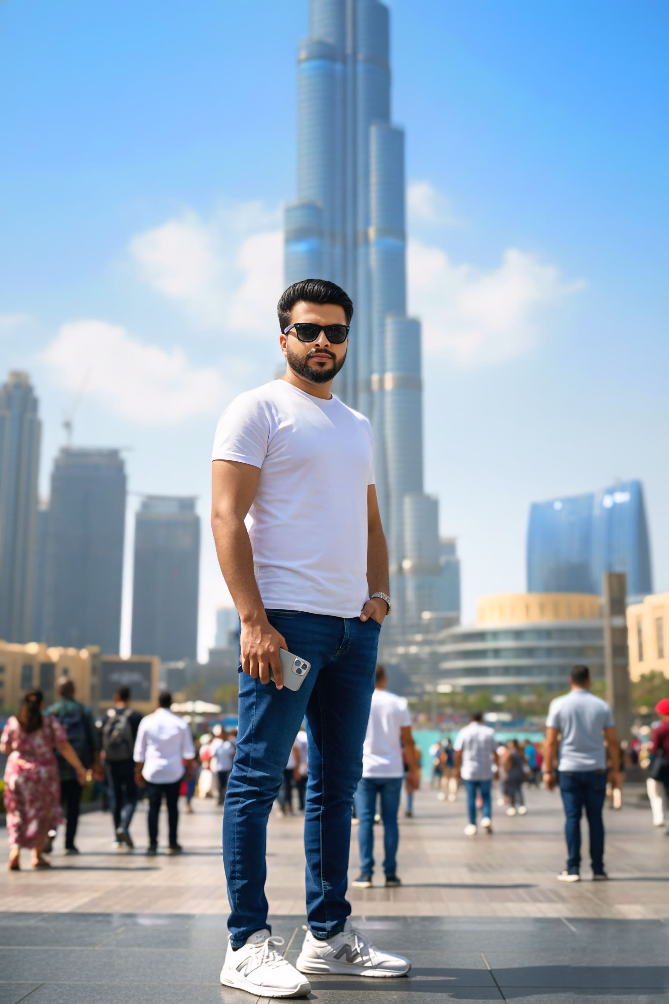 مرد جلوی برج خلیفهی دبی در روز