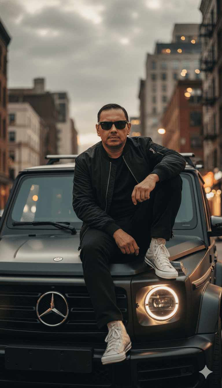 مرد نشسته روی سقف مرسدس مشکی هنگام غروب