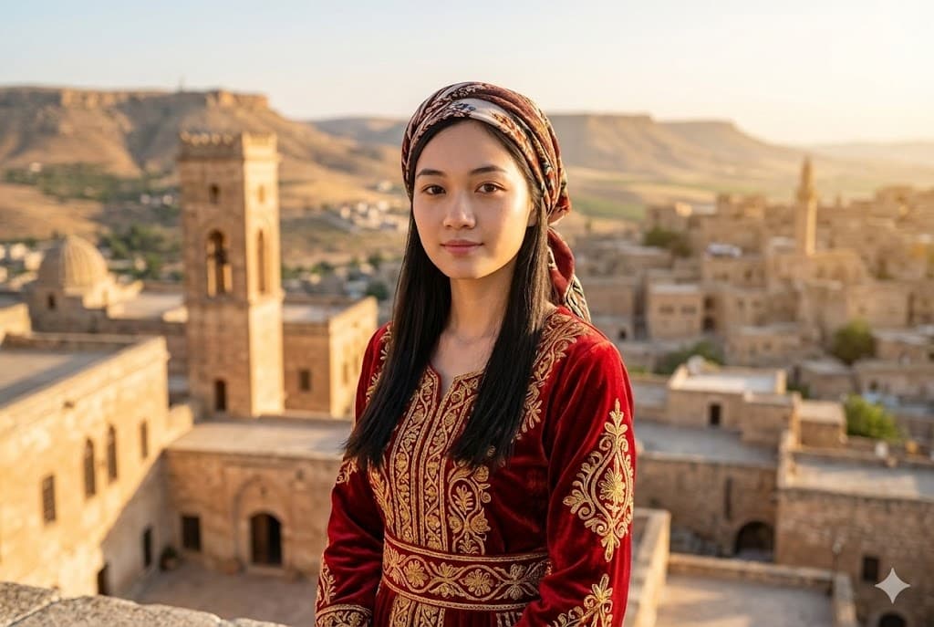 زن با لباس محلی در برابر منظره ماردین