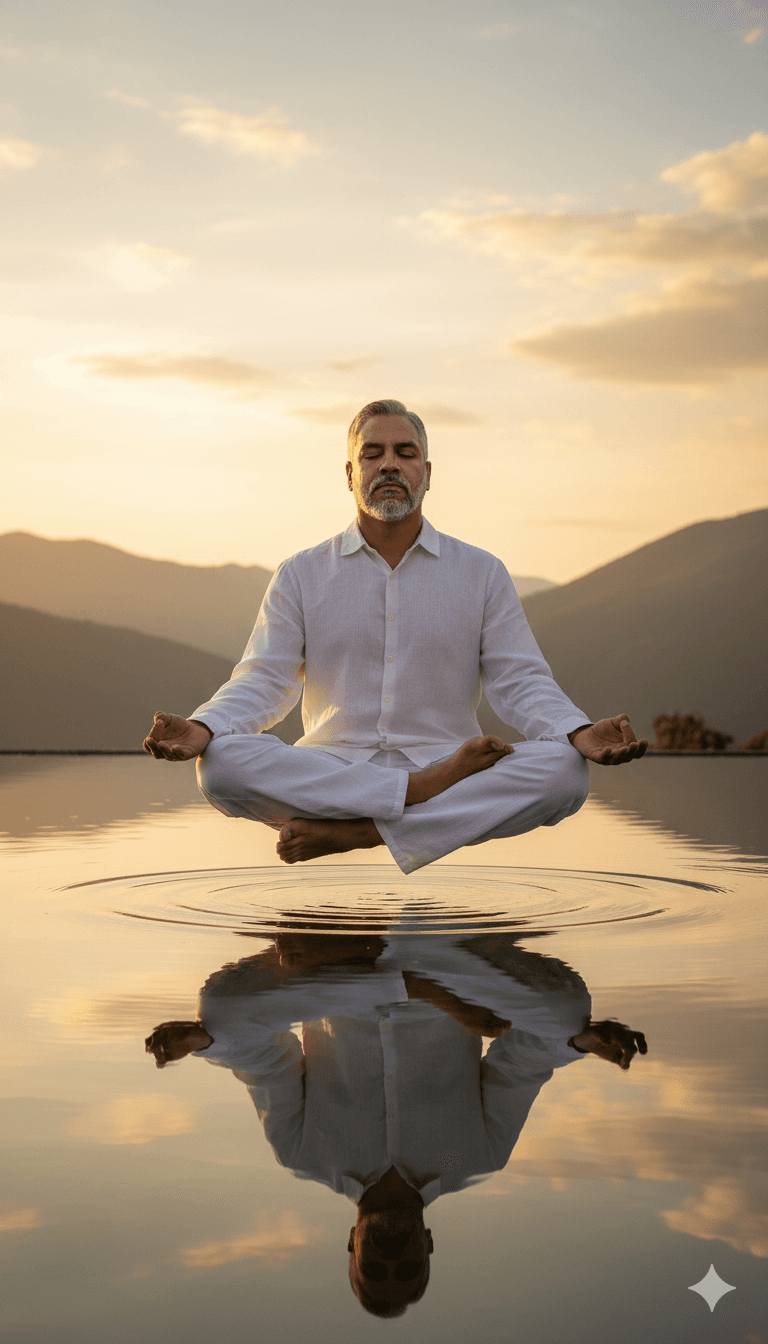 مرد در حال مدیتیشن روی سطح آرام آب