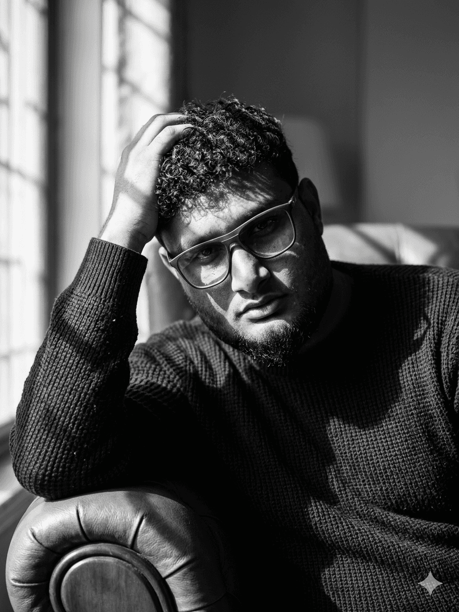 پرتره سینمایی سیاهوسفید مرد با نگاه عمیق