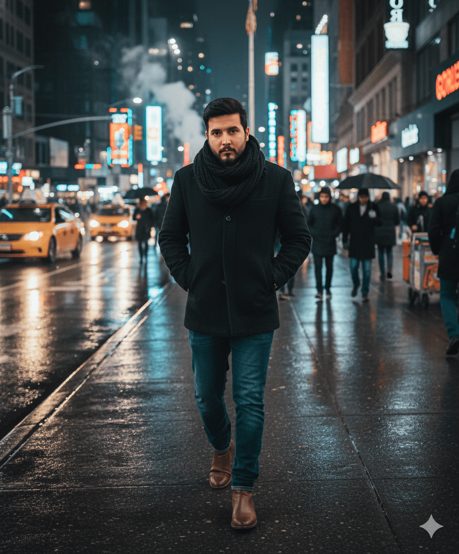 مرد شیک در پیادهرو شبانه نیویورک