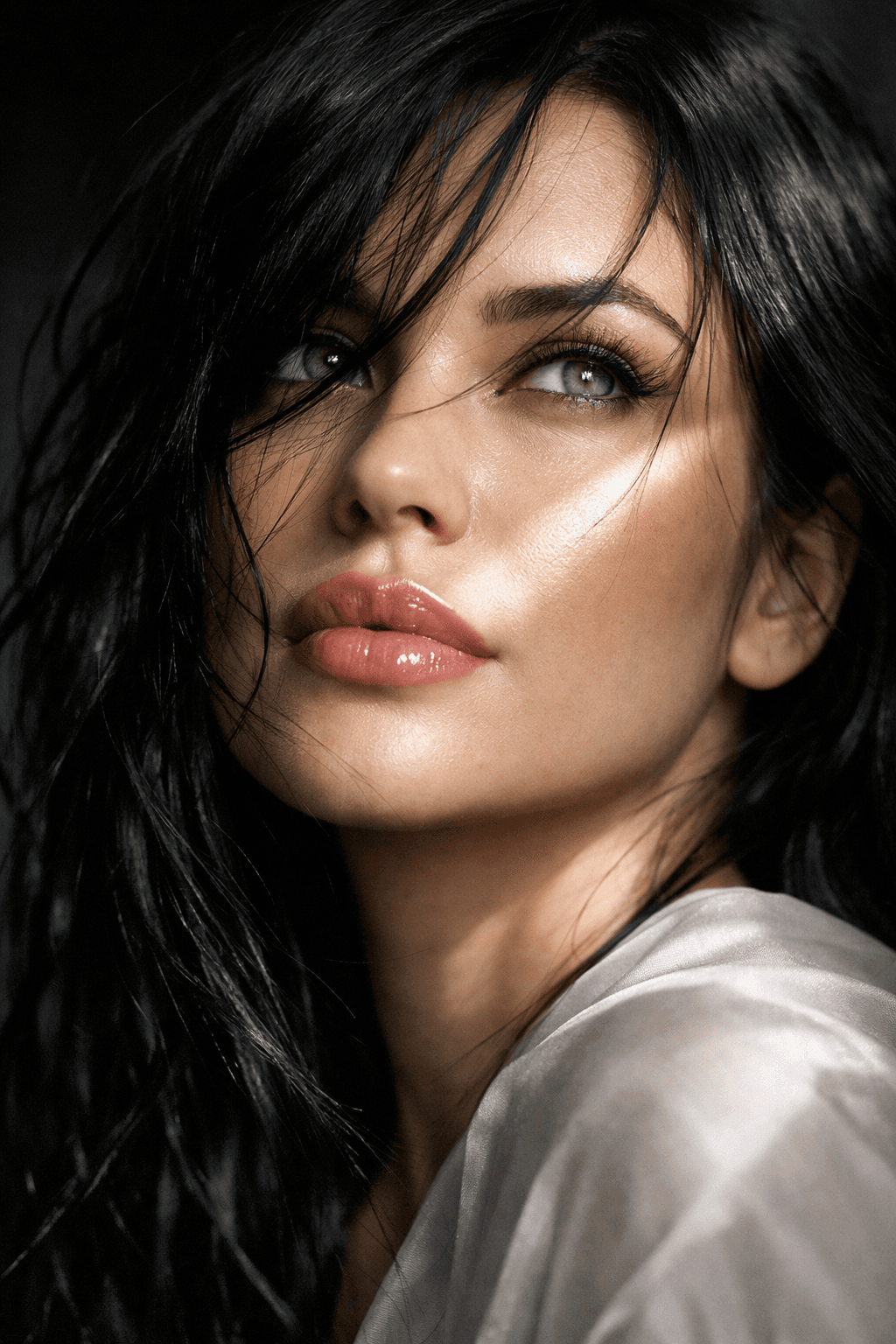 پرتره نزدیک زن با موهای مشکی پریشان
