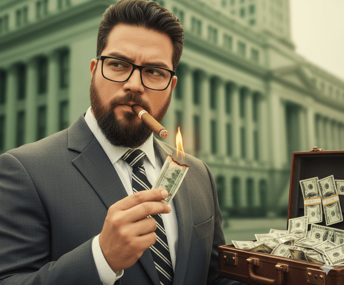 مرد با کتوشلوار خاکستری در حال روشن کردن سیگار برگ