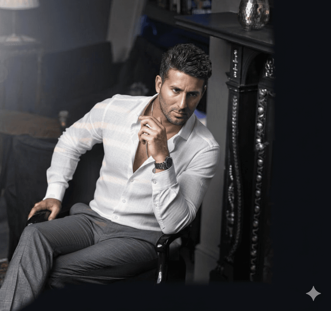 پرتره مرد با نور دوگانه آبی و قرمز نئونی