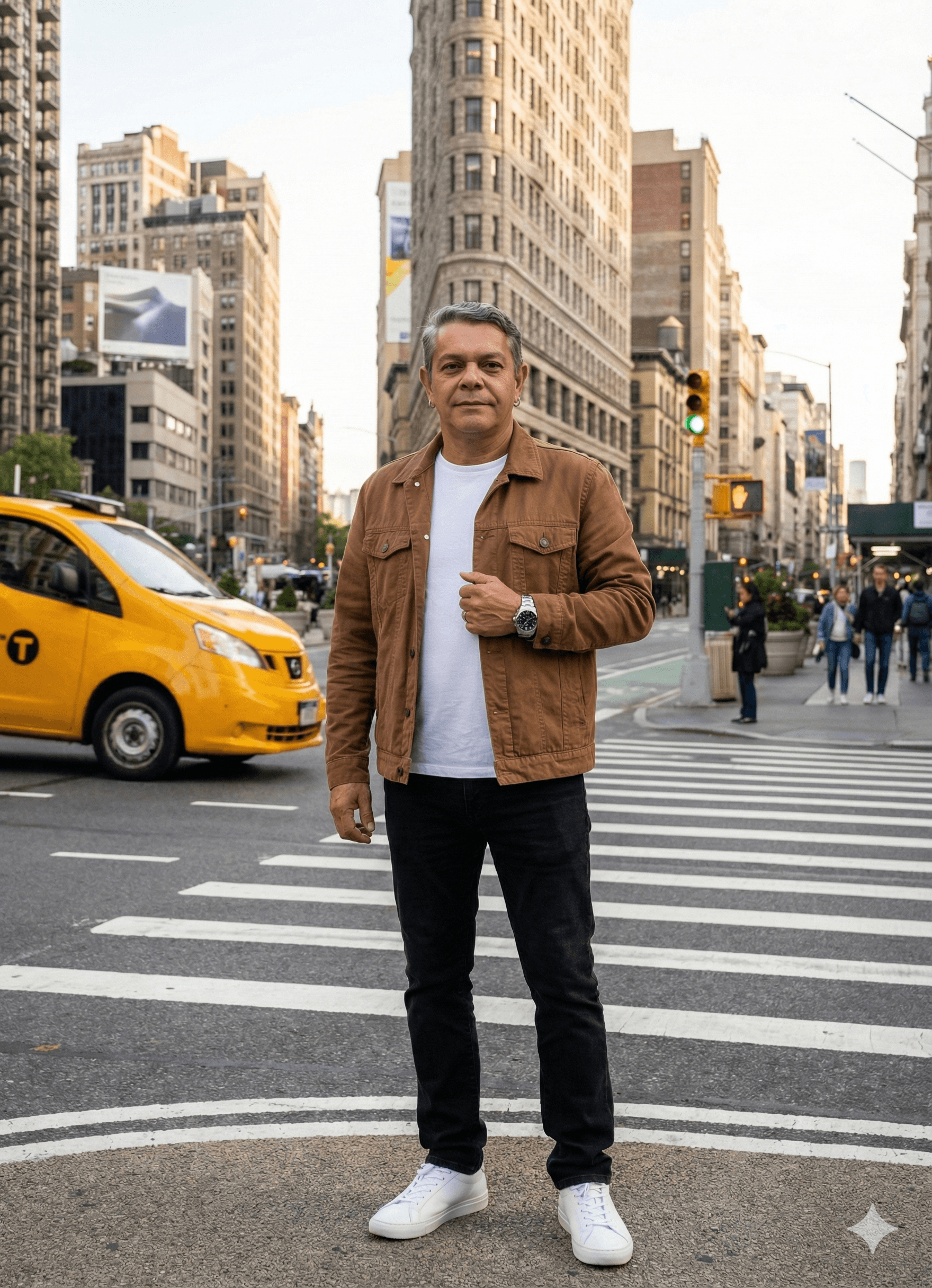 مرد روی خطکشی خیابان شلوغ نیویورک