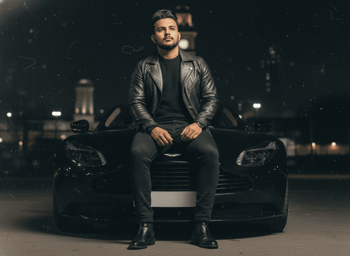 مرد جوان روی کاپوت خودروی اسپرت شبانه