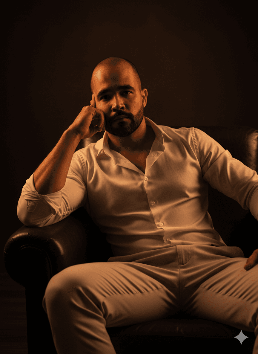 پرترهی سینمایی مرد روی مبل چرمی