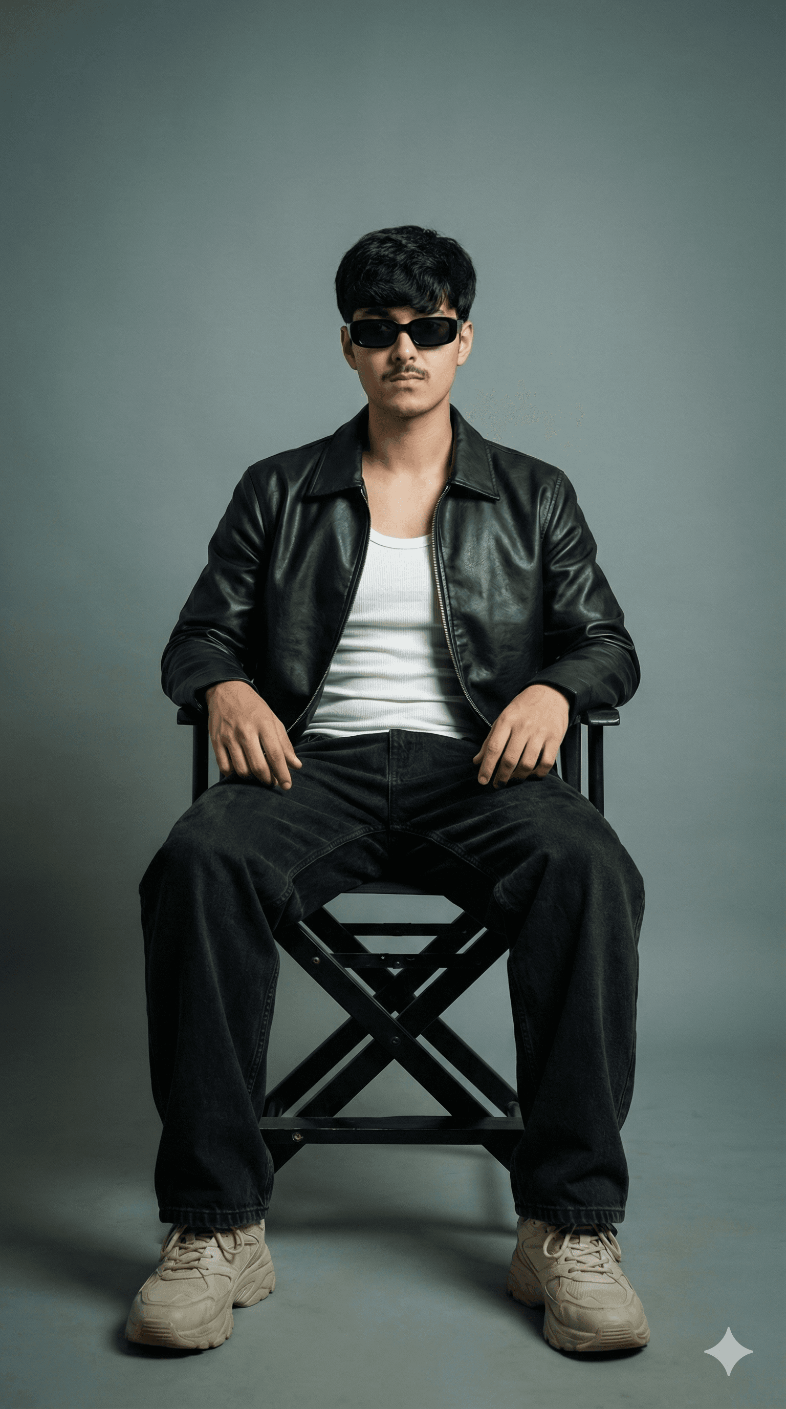 پرتره مد مرد روی صندلی کارگردانی