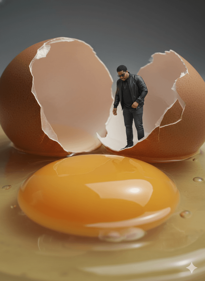 مرد کوچک روی لبهی پوستهی تخممرغ