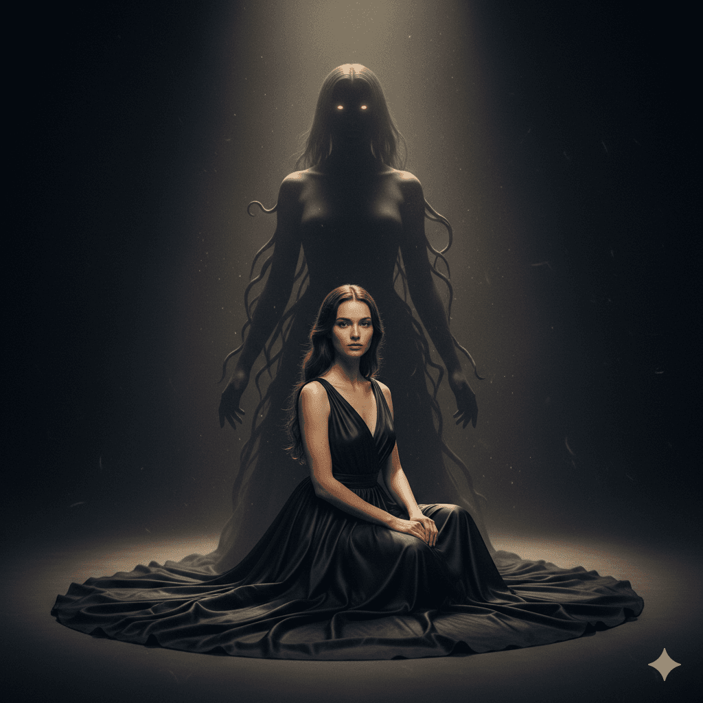 زن زیبا با سایه بزرگ مرموز پشت سر