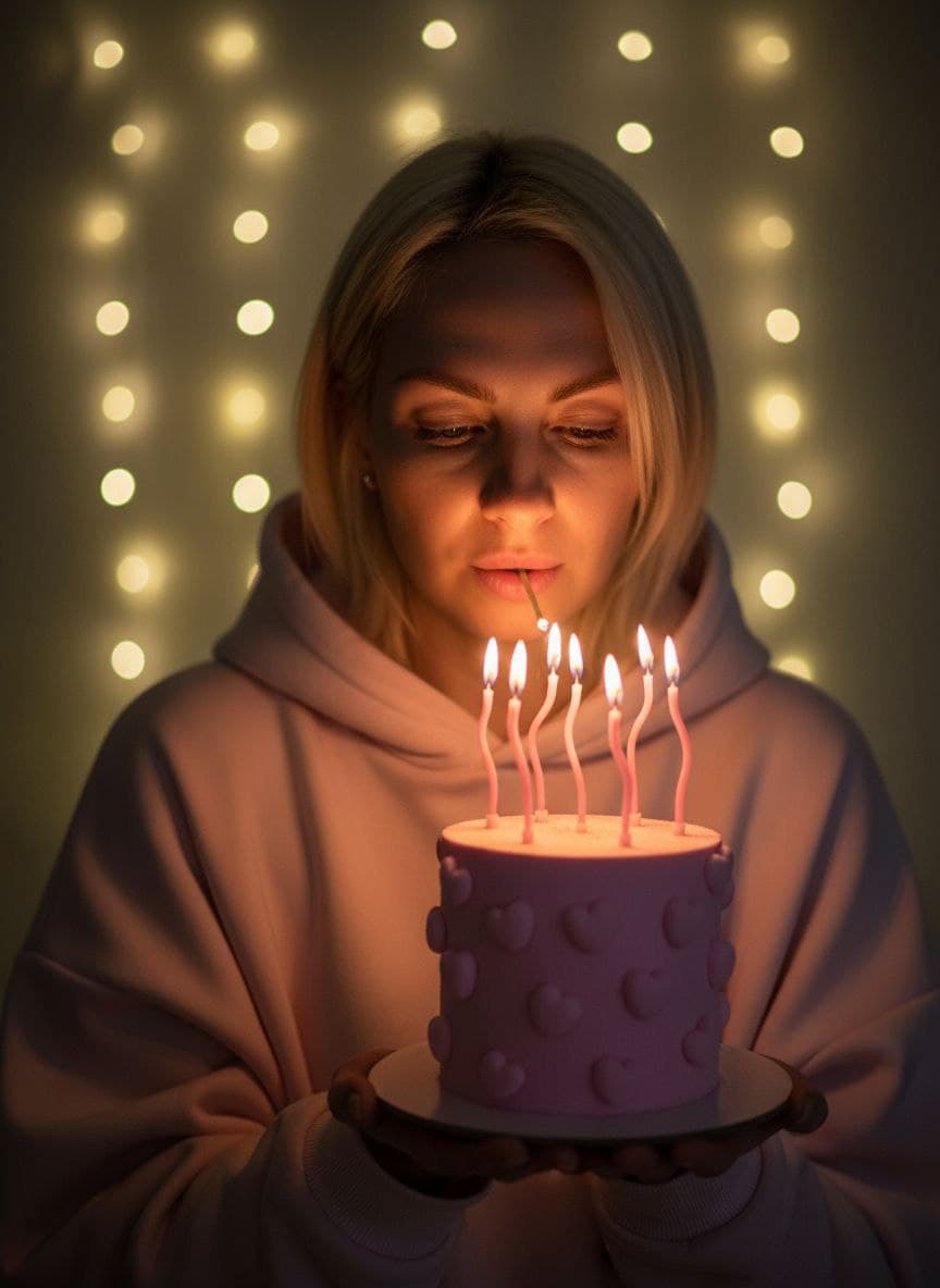 دختر با کیک و شعله کبریت در تاریکی